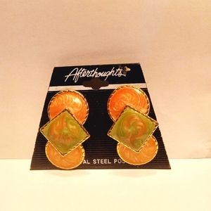 New Old Stock  VTG After Thoughts Enamel Earrings Pierced Coral & Green Swirl